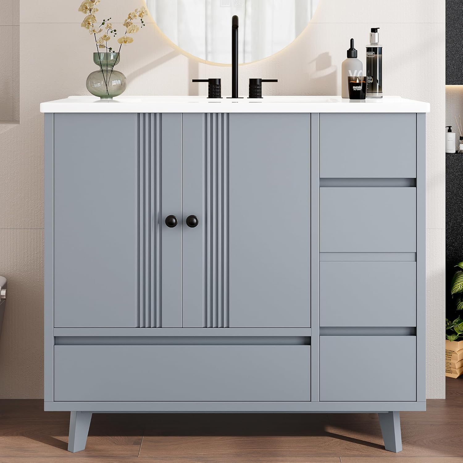 36"Bathroom Vanity with Ceramic Sink and 4 Drawers,Modern Freestanding Modern Bathroom Storage Cabinet w/Side Storage Rack and 2 Soft-Closing Doors,33''Tall Cabinet with Ceramic Basin for Bathroom