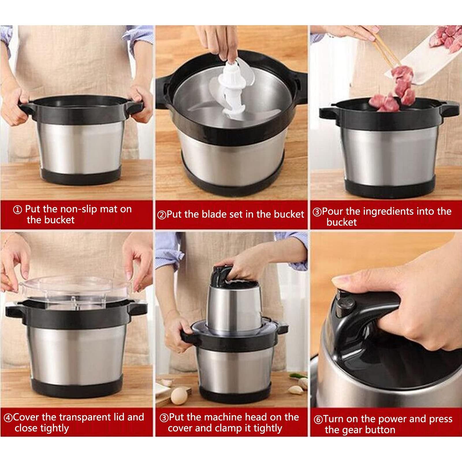 Generico Tritatutto Elettrico da banco in Acciaio Inossidabile da 6 Litri con 4 Lame, 1200 W | Robot da cucina, tritacarne e tritacarne for frutta secca, frutta e spezie. Ciotola for uso alimentare