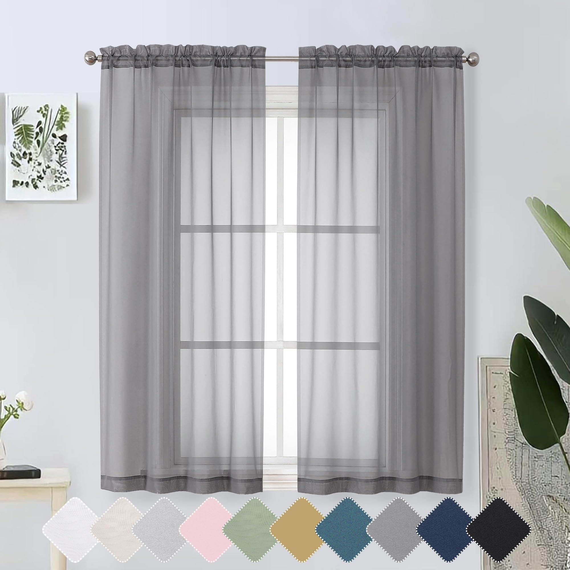 Amazon.com: Lecloud Charcoal Grey Sheer Curtains 63 Inch Length 2