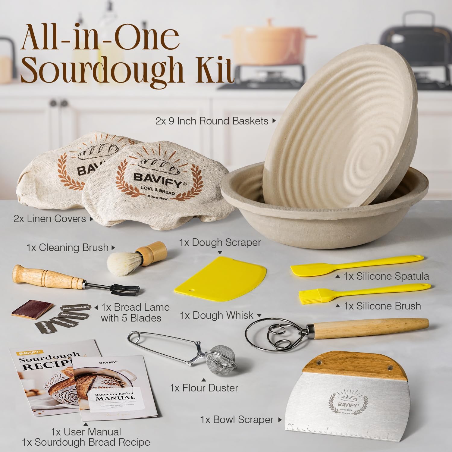 Wood Pulp Banneton Bread Proofing Basket Set, Non-Stick Dough Proofing Bowl for Sourdough, Sourdough Starter Kit Bread Baking Supplies Making Tools (Round)