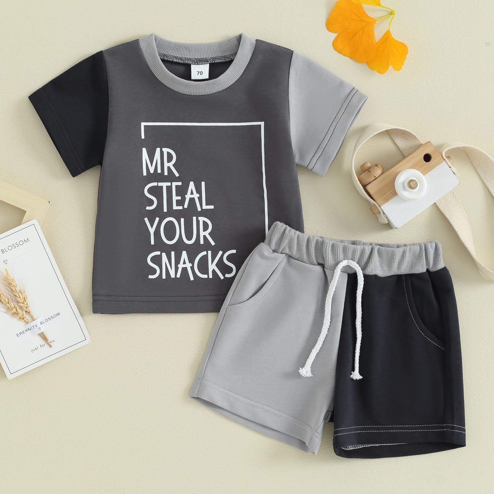 JLKGICF Toddler Baby Boy Clothes Short Sleeve Letter Print Tops Elastic Waist Contrast Color Shorts Summer 2 Piece Outfits (Black, 18-24 Months)