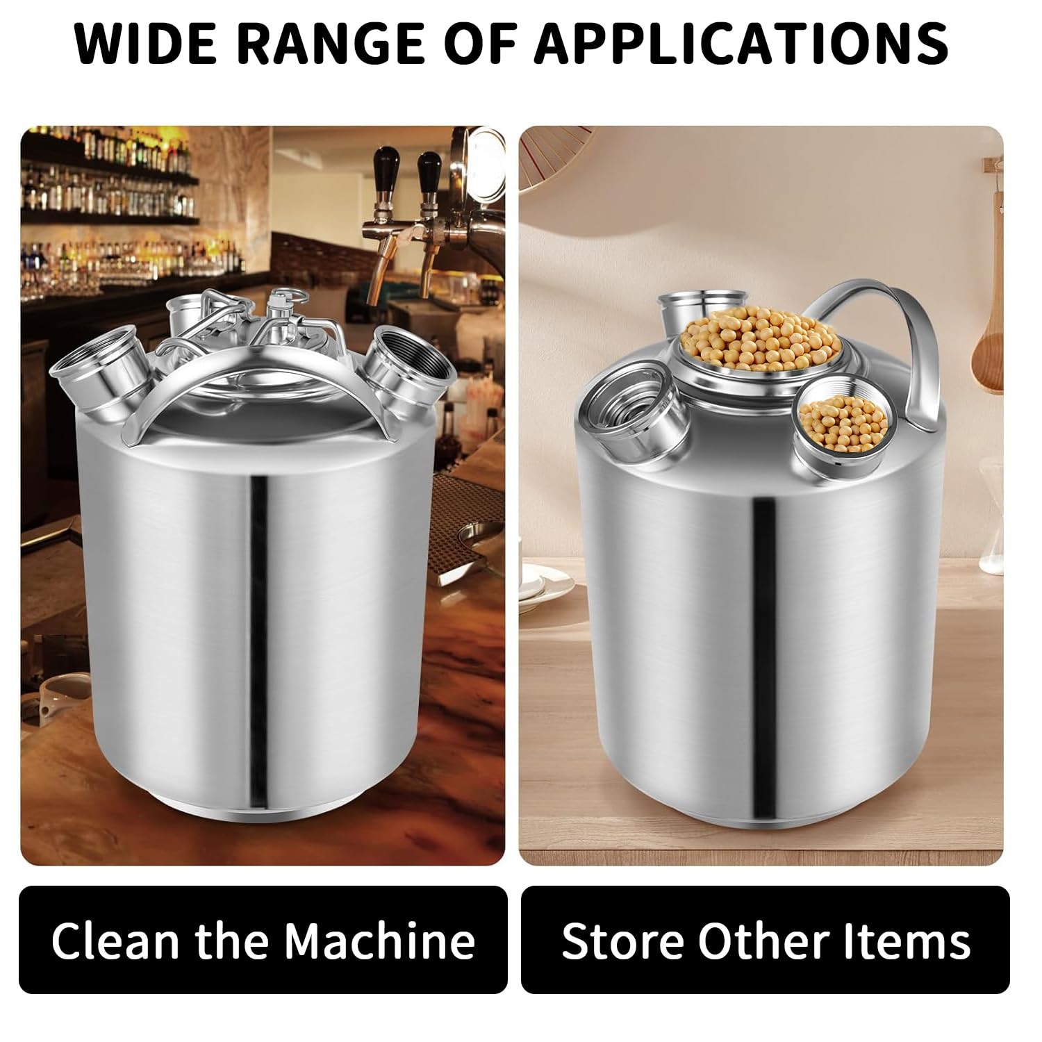 Barril de Limpieza de Cerveza de Acero Inoxidable, 10L 3 Cabezales Recipiente de Limpieza de Cerveza con Tapa, Apto para barriles de A y G y S, para Cerveza Casera, Bar de Hotel