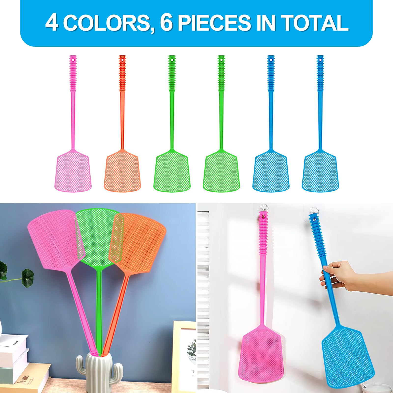 4 Tapettes à Mouches Télescopiques - Longueur 73cm Déplié - Colorées - Pour Intérieur/Extérieur