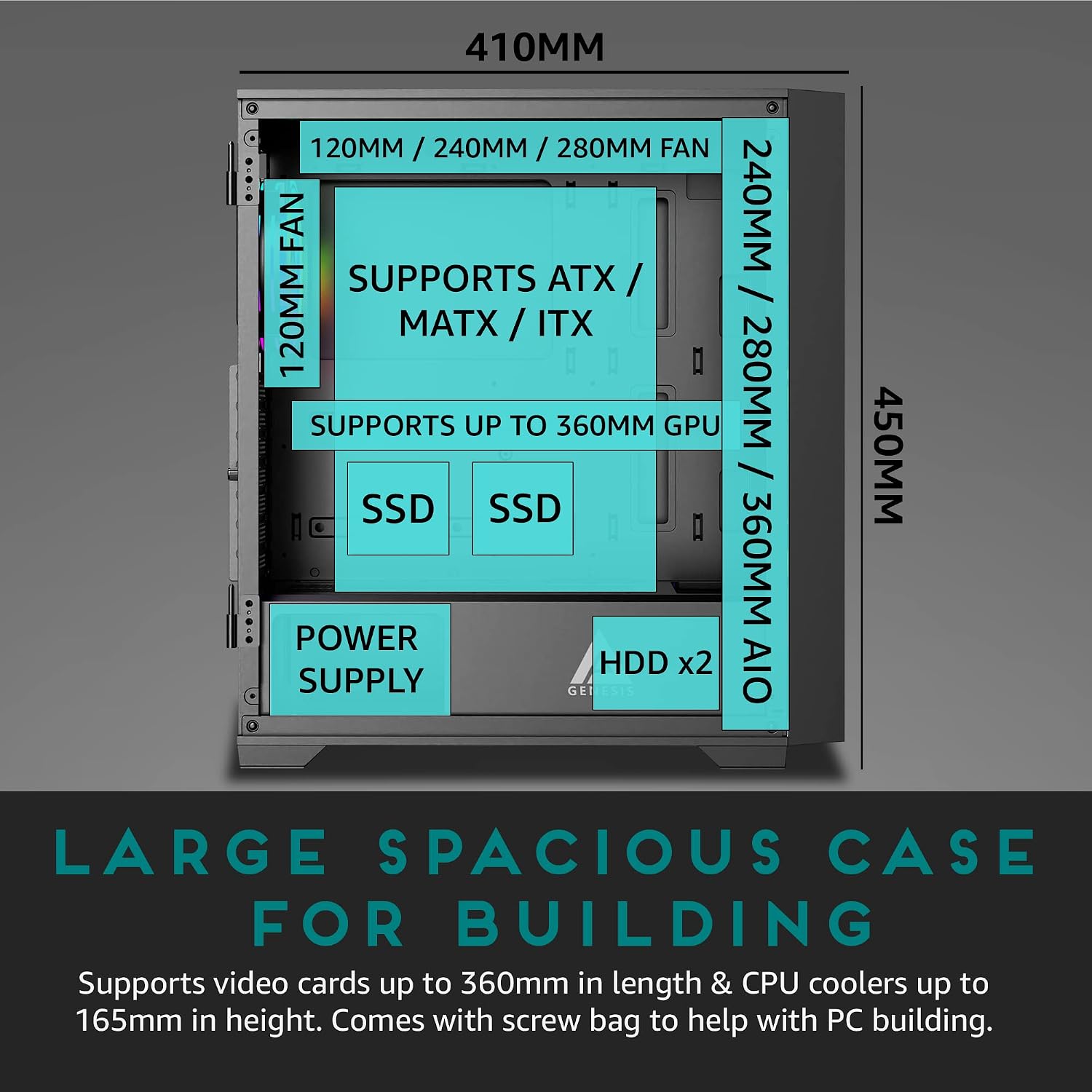 Apevia Genesis-BK Mid Tower Gaming PC Case w/ 4X 120mm ARGB Fans, 366 RGB Light Modes, 1x Glass Front Panel, 1x Door Swivel Style Magnetic Glass Side Panel, 2X USB 3.0, Black