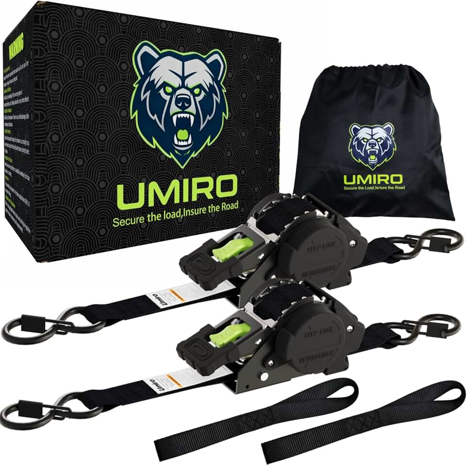 Retractable Ratchet Straps 1''x 12ft Heavy Duty Tie Downs Bolt on Auto Retract Ratchet Strap 1760lb Break Strength Self Retracting for Truck,Cargo,Trailer,Motorcycle,ATV,UTV (Black-Green,2 Pack)