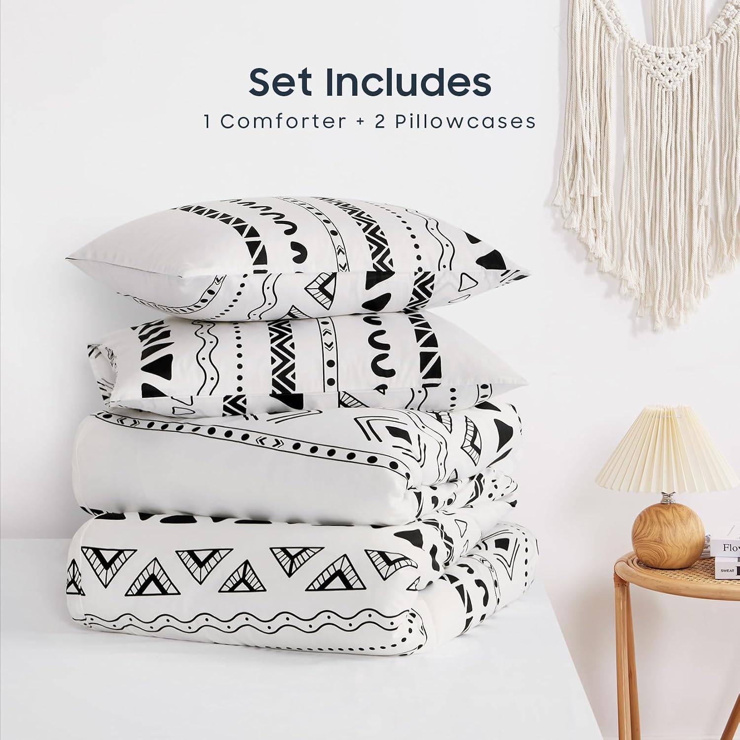 Wake In Cloud - Aztec Comforter King, 3 Pieces Bedding Set, 100% Cotton Fabric, Black and White Boho Bohemian, King Size