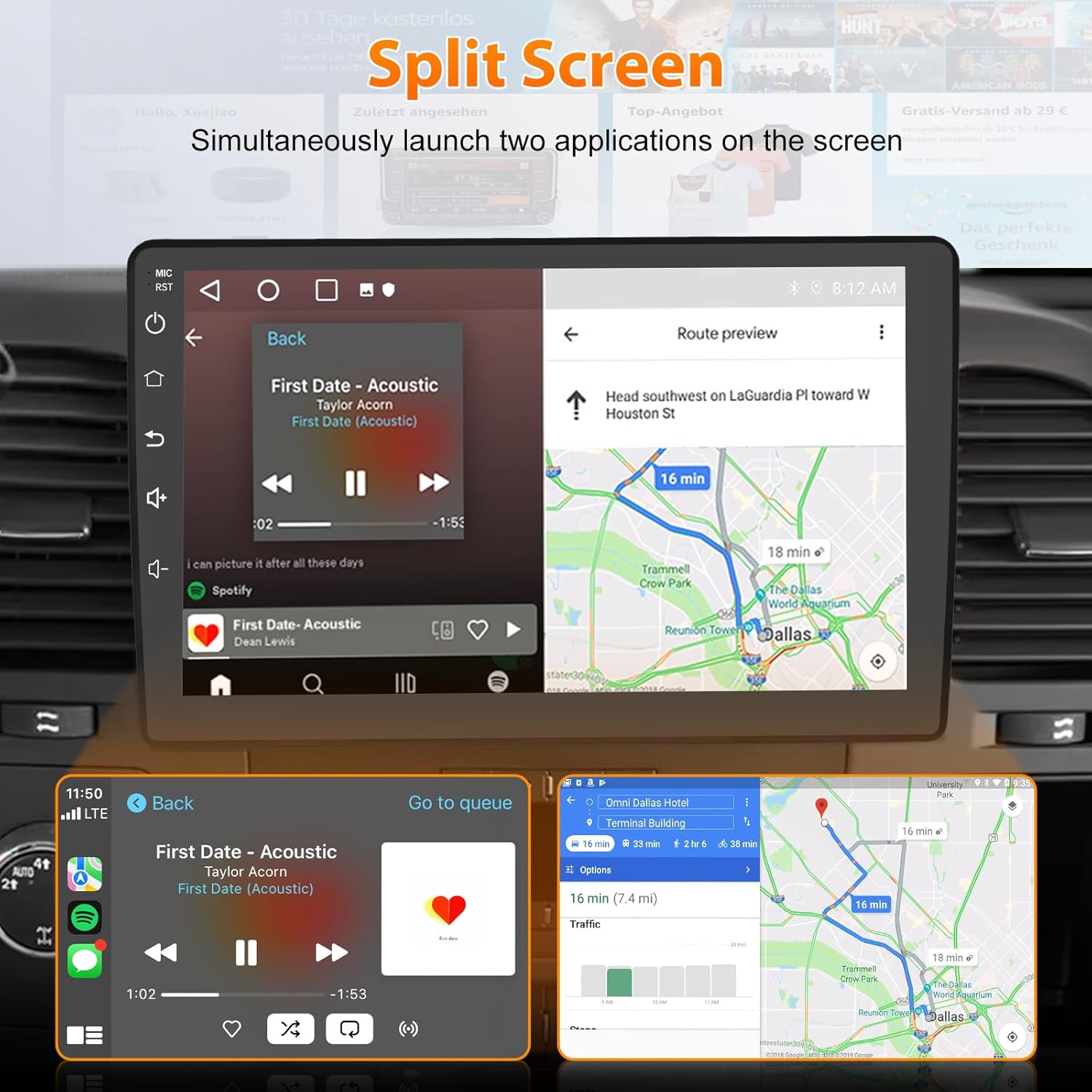Car radio display showing two applications running simultaneously in split-screen mode: music player and navigation map.