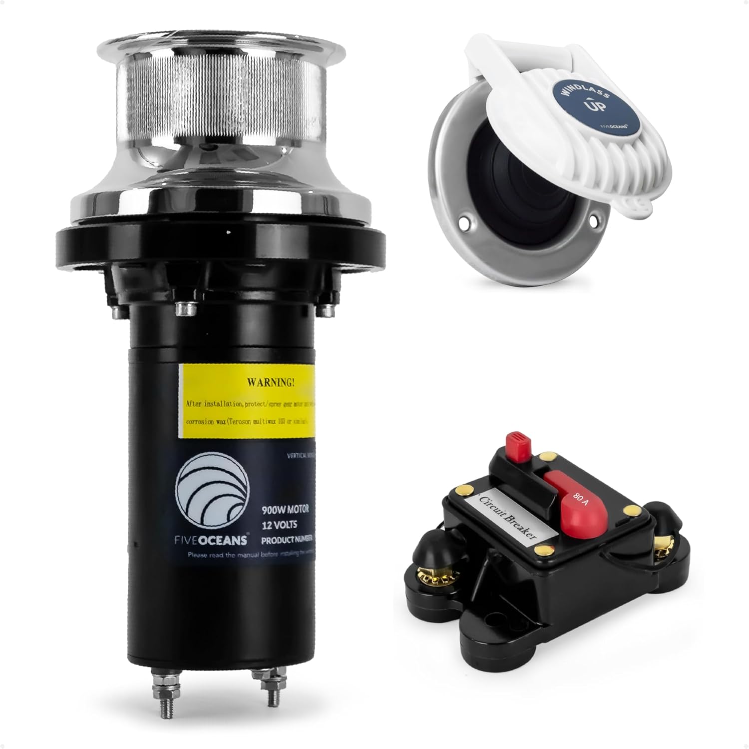 Five Oceans Boat Capstan, 900W, 12V, Marine-Grade 316 Stainless Steel, Easy Installation, Mid-Size Boats Mooring - FO3716
