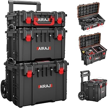 AIRAJ Heavy Duty Tool Box with Wheels, Stackable Tool Box Empty | IP54 waterproof tool box for hand tools and power tools, ro