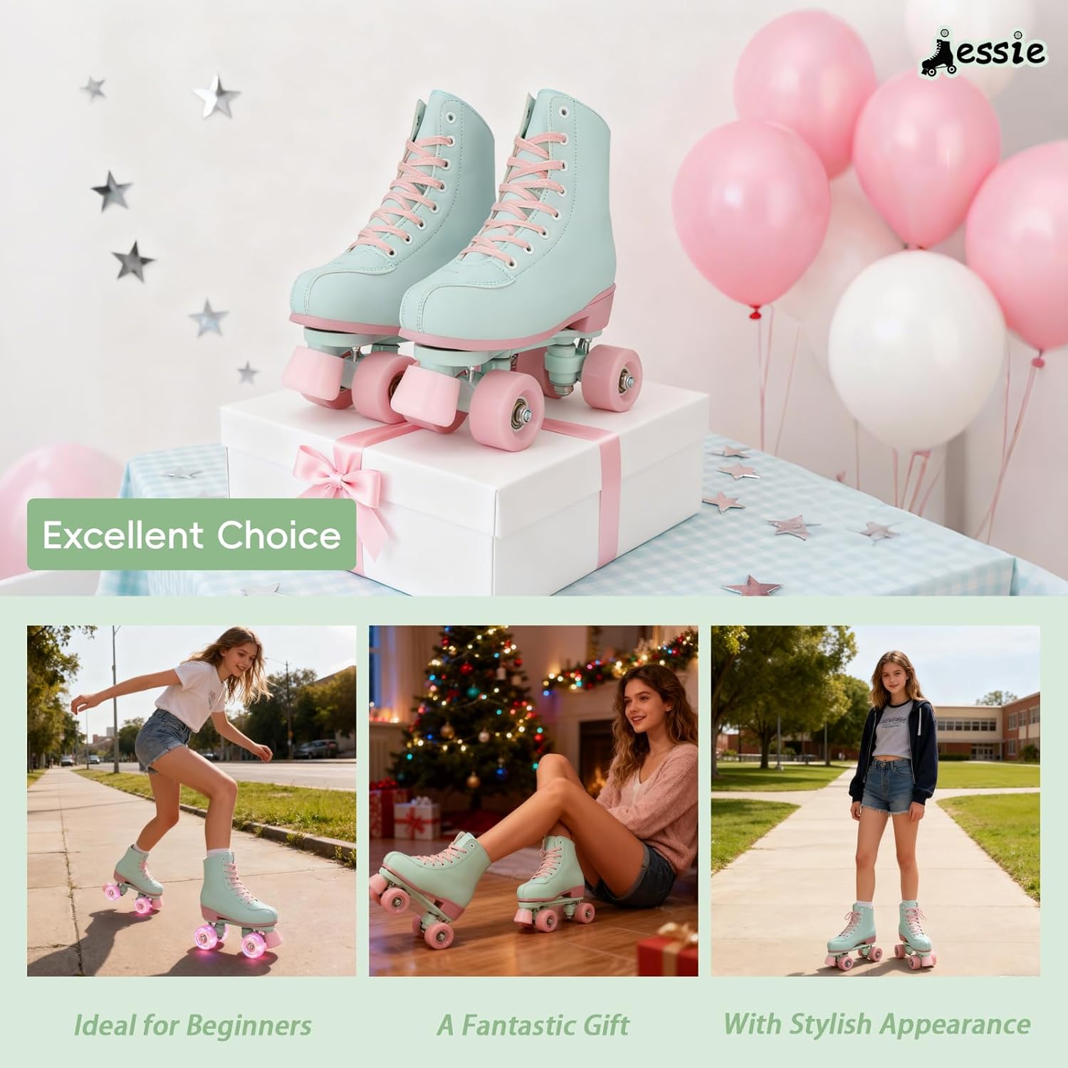 jessie Outdoor Roller Skates for Women & Teens, High Top PU Leather Quad Skates with Light-Up Wheels for Indoor/Outdoor Skating, Ideal for Beginners & Casual Skaters