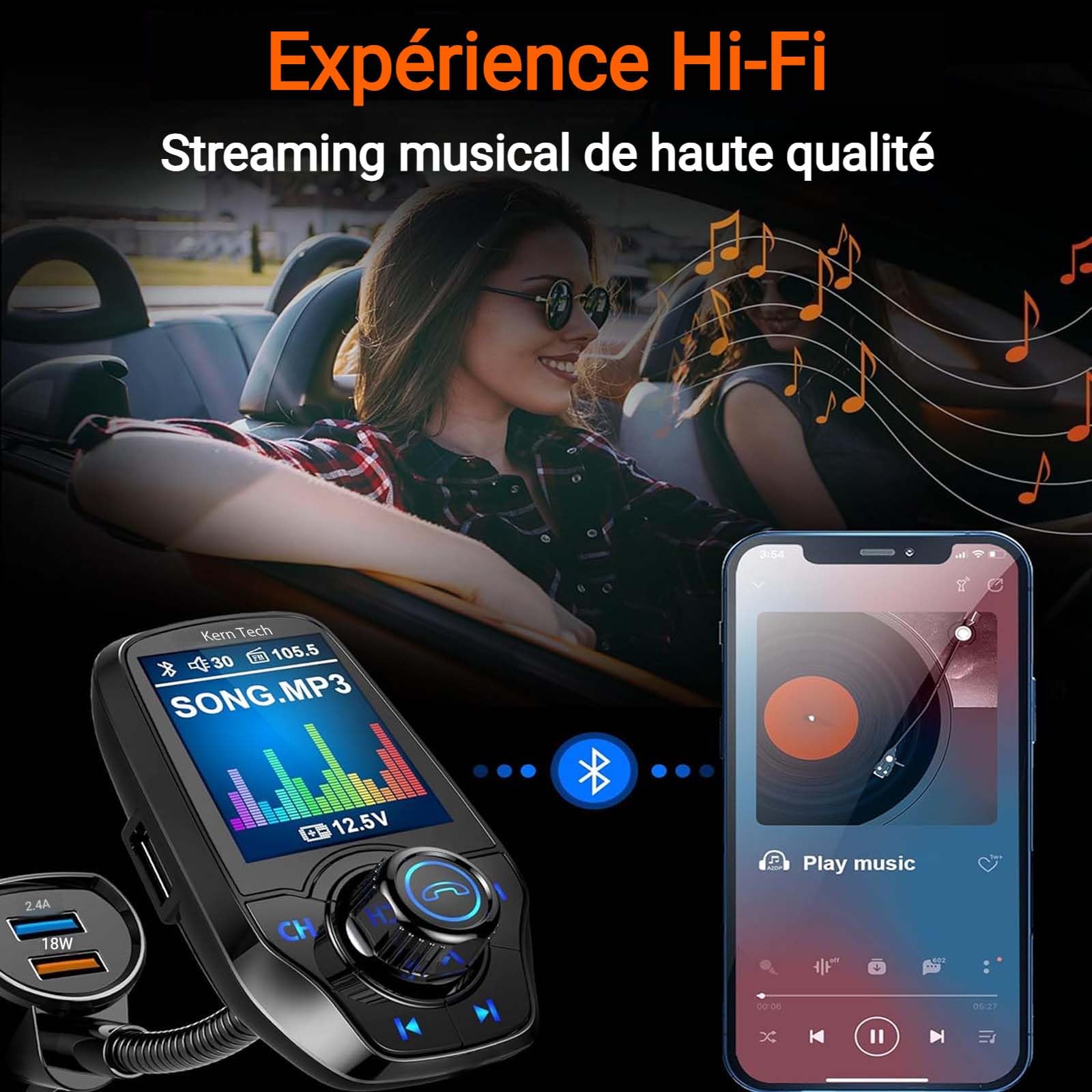 Transmetteur FM Bluetooth Voiture Adaptateur Voiture kit mainslibres Bluetooth Lecture Musicale par Carte TF