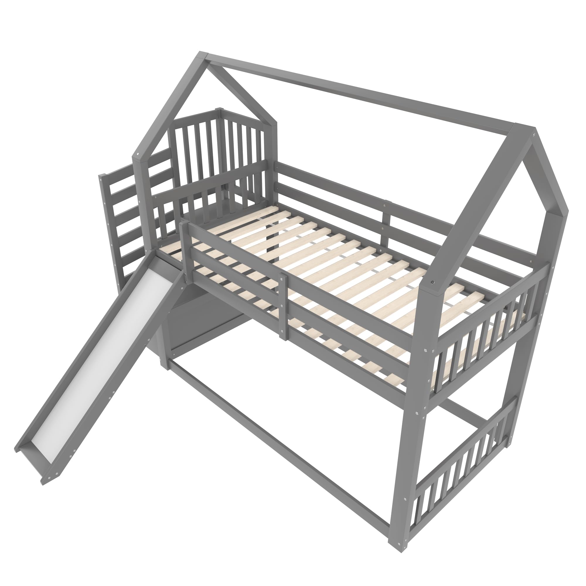 Etagenbett mit Stauraumtreppe und Rutsche, Hausbett(Ohne Matratze), Kinderbett mit Geländer, geeignet für Kinder, Jugendliche (Grau, 90X200cm)