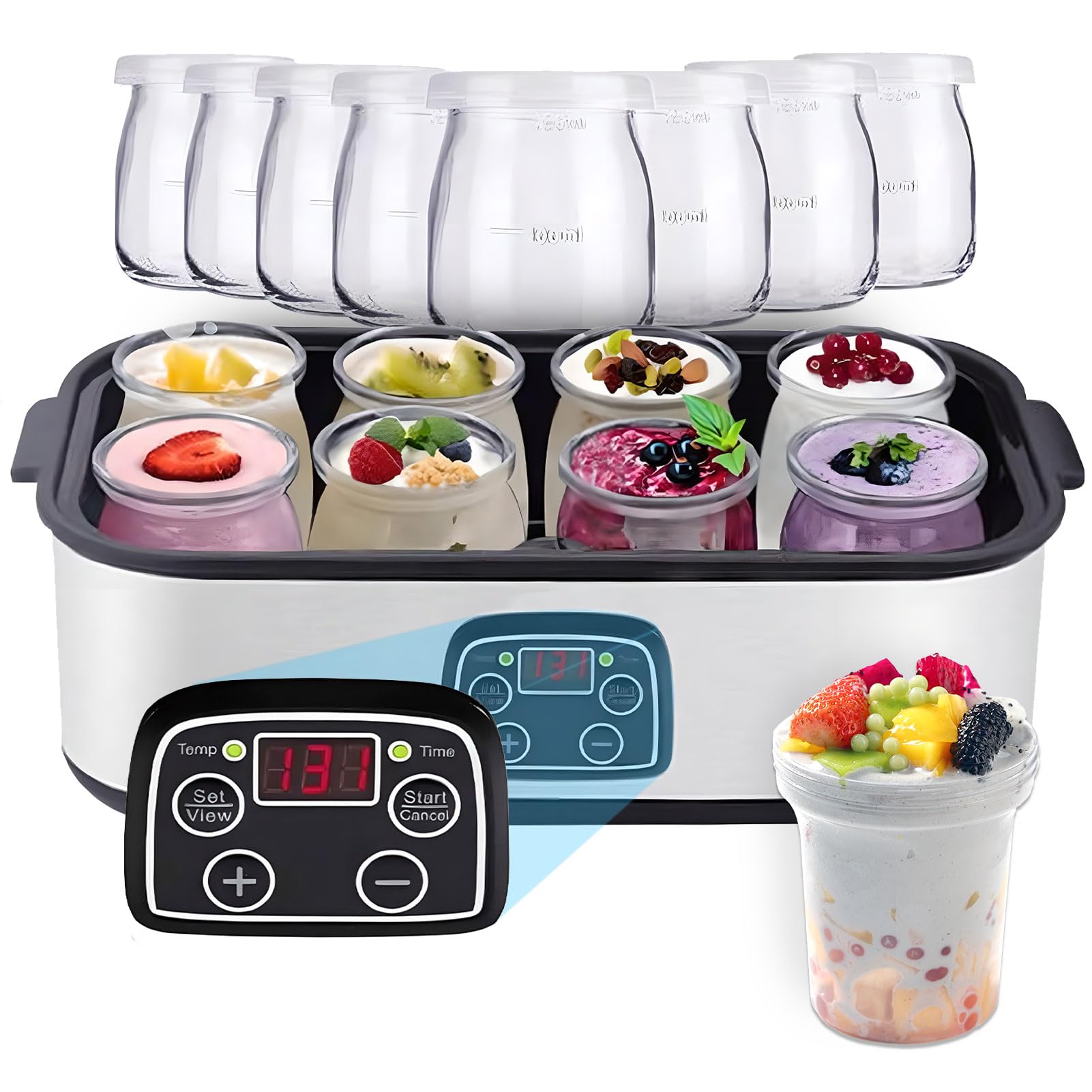 Yogurtera con control de temperatura y tiempo, capacidad de 1400 ml, incluye 8 tarros de vidrio para yogur casero