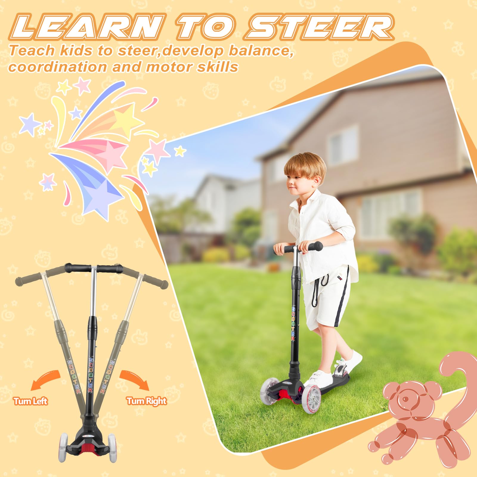 KORIMEFA Monopattino Bambino Monopattino 3 Ruote con Ruote Illuminate a LED Multicolore, Monopattini con Impugnatura Regolabile in Altezza per Bambini e Bambine Dai 3 ai 12 Anni