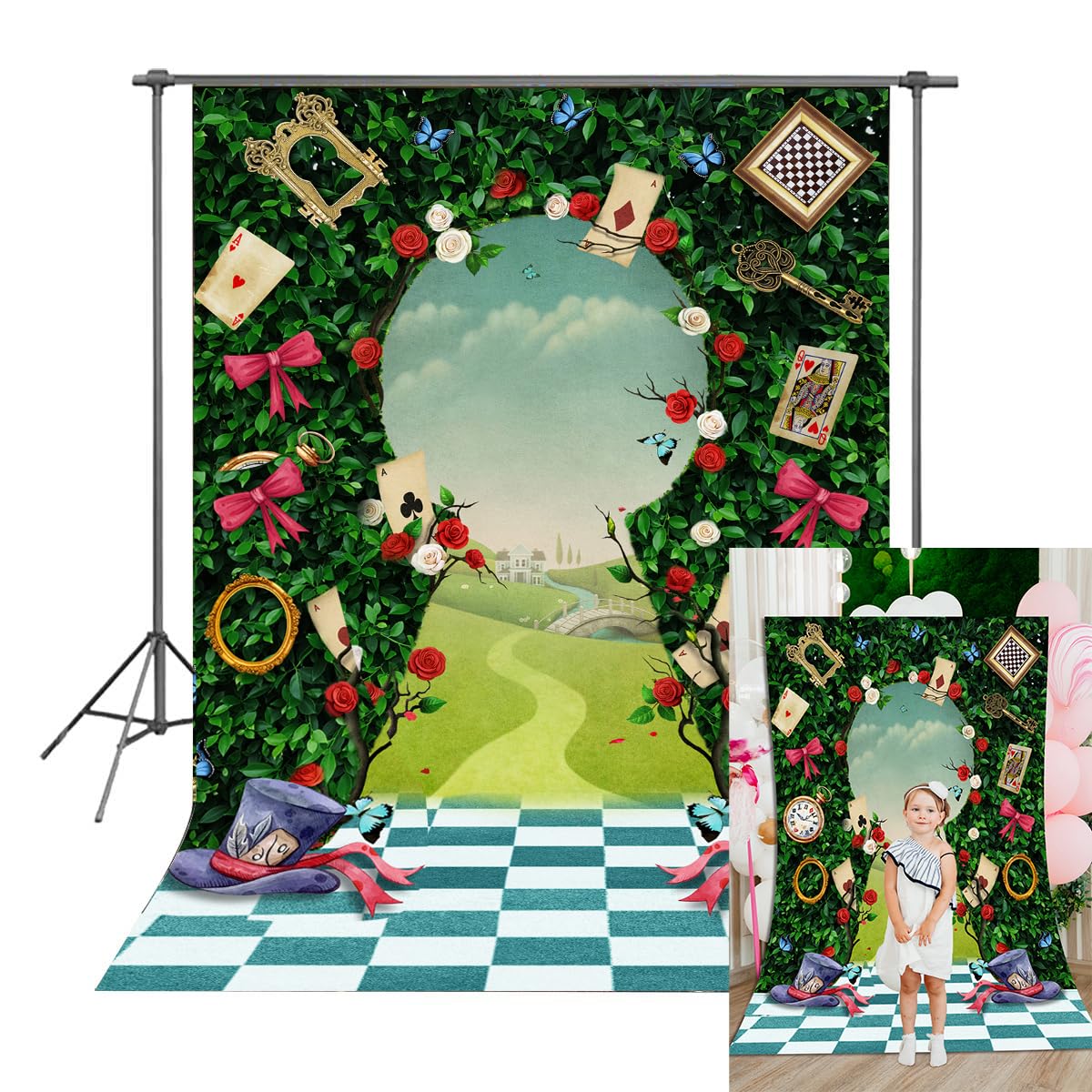 5x7FT Wonderland Enchanted Tea Party Photography Backdrop Green Leaves Rose Magic Hat Princess Kids Fairy Tale Green Grass Birthday Banner