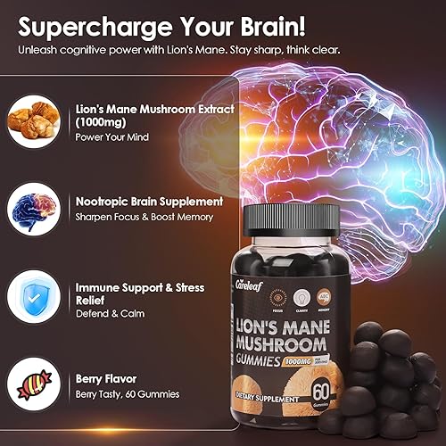 Miniatura 2 de Lions Mane - Gomitas de hongos para suplemento cerebral nootrópico, apoyo inmunológico, suplemento de hongos para aliviar el estrés, sabor a bayas