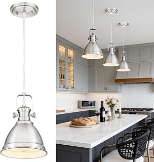 Pendant Lights Kitchen Island, 8" Farmhouse Hanging Lights Fixtures with Metal Shade, Rustic Kitchen Pendant Lighting Over Island for Dining Room, Brushed Nickel, AD-2151-1PM-SN