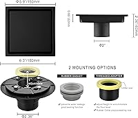 Vista 3 de Drenaje de ducha de diseño cuadrado de 6 pulgadas con brida de base de drenaje de ducha ajustable, drenaje de piso de acero inoxidable SUS 304