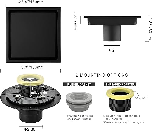 Miniatura 5 de Drenaje de ducha de diseño cuadrado de 6 pulgadas con brida de base de drenaje de ducha ajustable, drenaje de piso de acero inoxidable SUS 304 con