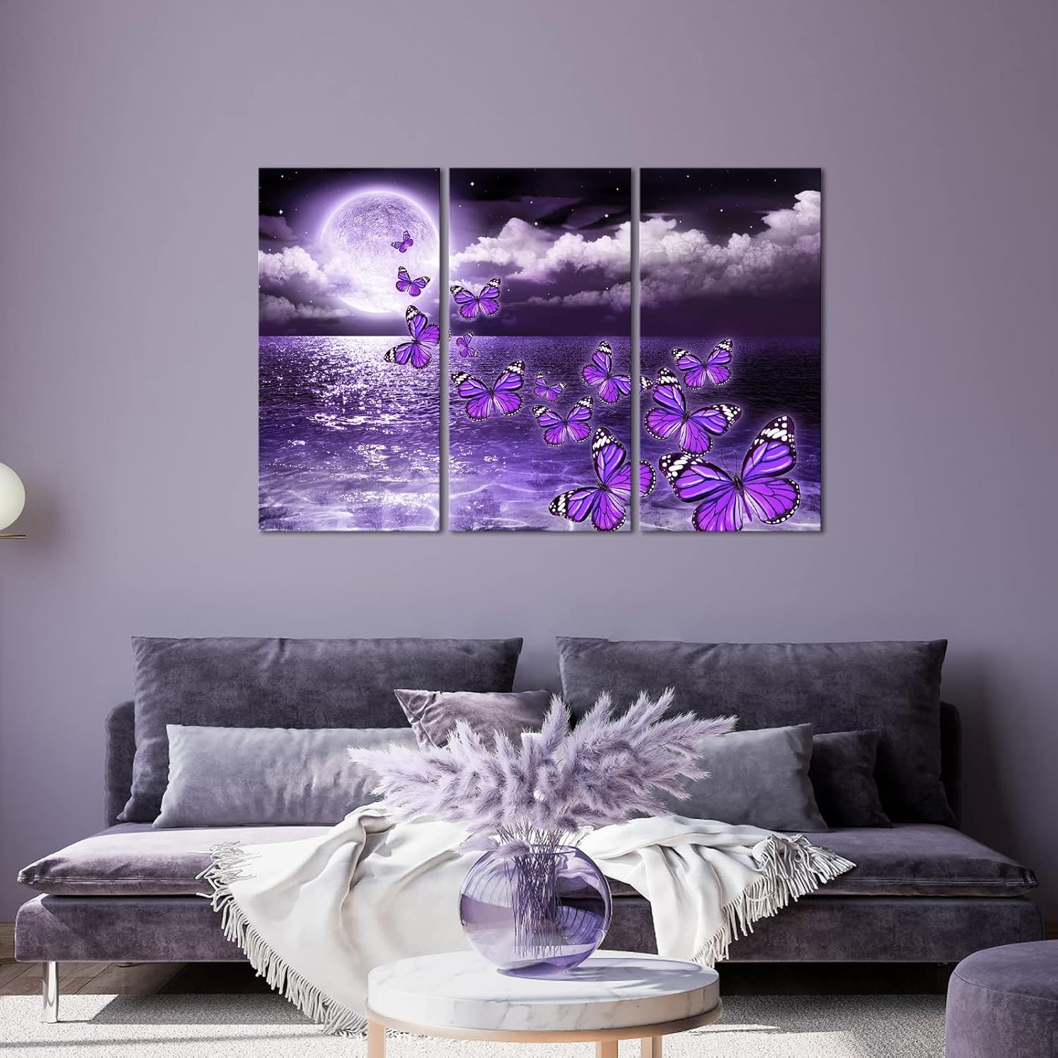 sechars Full Moon over Ocean Canvas Art Purple Butterfly Picture Prints Wall Decor for Bedroom Modern 3 Pieces Artwork Framed for Home Kitchen 16x32Inchx3PCS (Purple)
