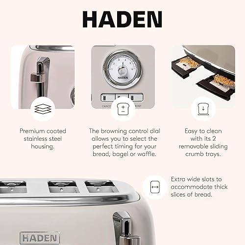 Miniatura 3 de Haden Dorset - Tostadora de acero inoxidable de 4 rebanadas de ranura ancha con control de tostado ajustable y pies antideslizantes, masilla y cromo