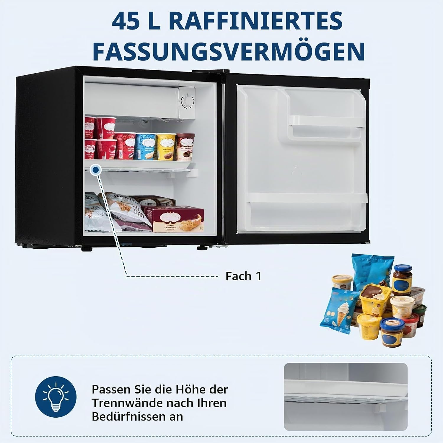 Nevera pequeña con congelador pequeño 6,3L, Mini Congelador 45L, silenciosa y compacta, temperatura regulable 0-10°C, estantes de vidrio extraíbles, eficiencia energética, Clase E