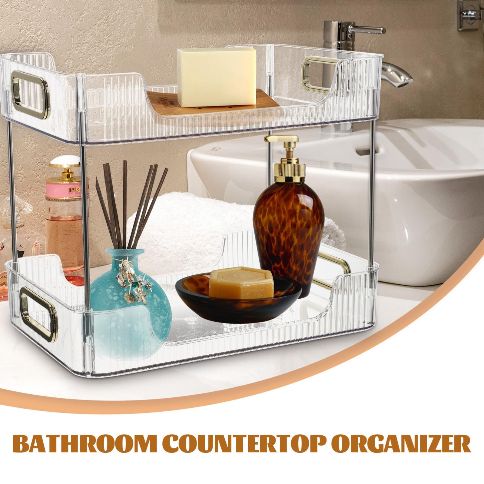 Kichvoe Organizzatore da Bagno da Tavolo a 2 Livelli in Pet e Acciaio Inox, Scaffale Trasparente per Cosmetici, per Lavabo e Toletta