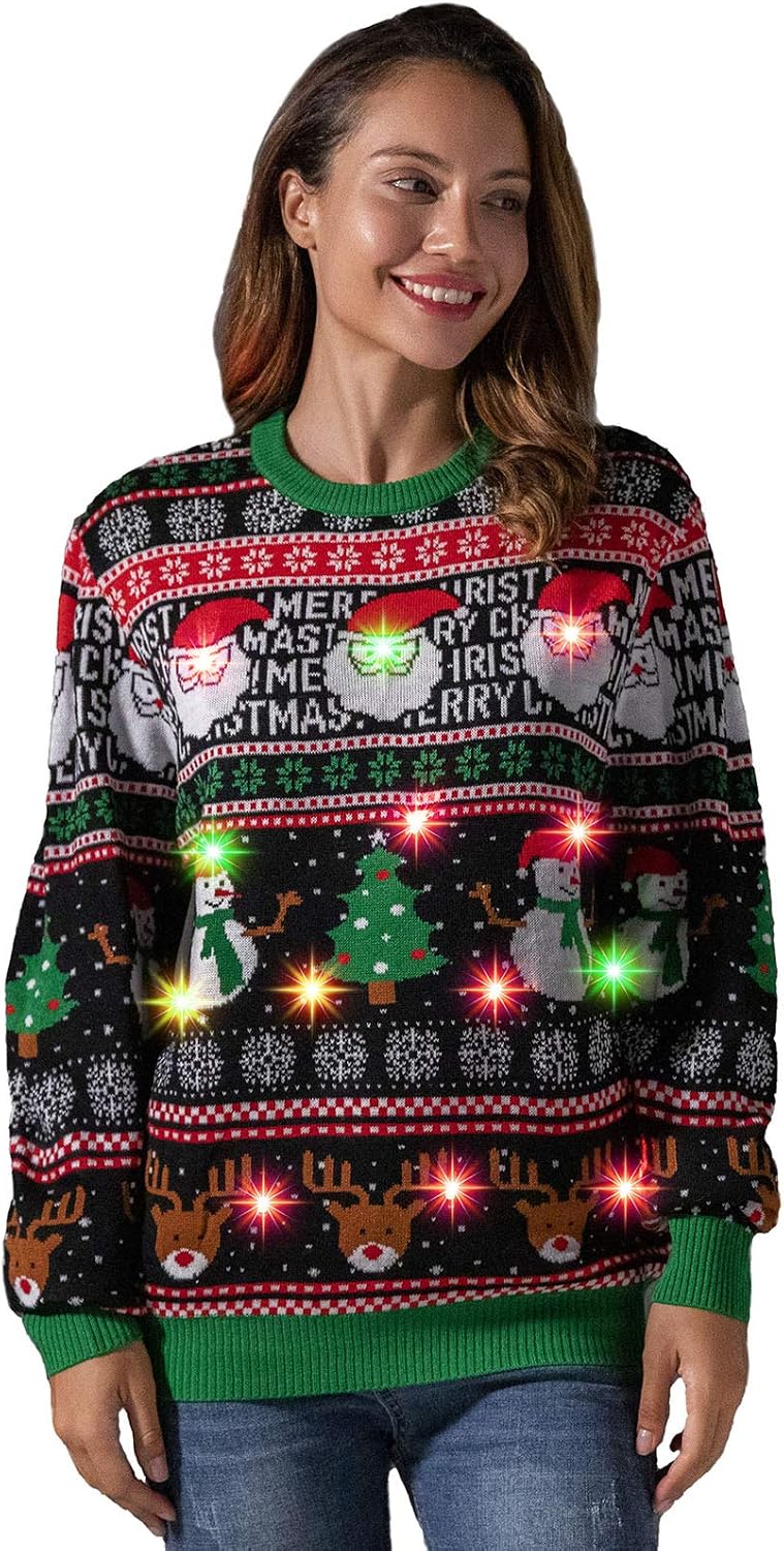 LED Ugly Christmas Sweater for Men, Unisex Women Xmas Pullover with Light for Party Festive Xmas Festive Brights Medium