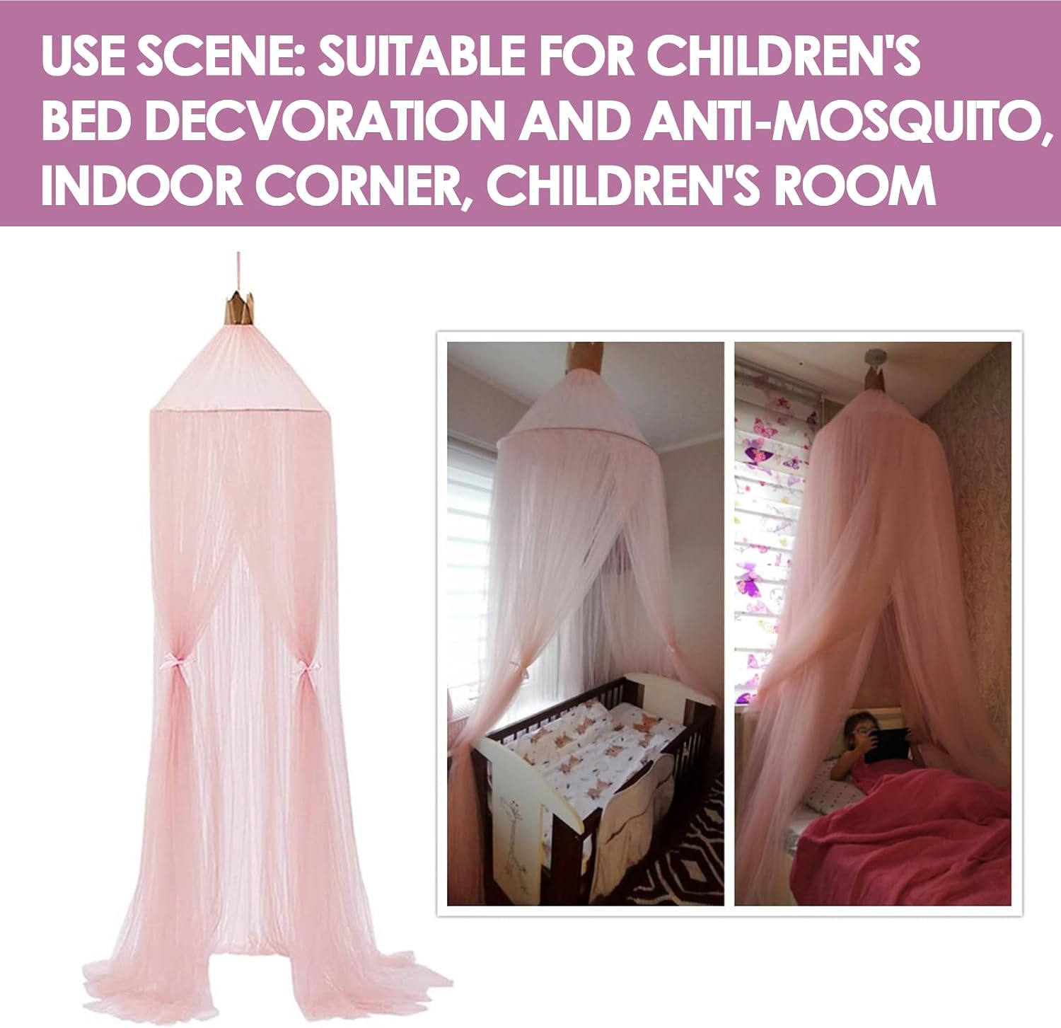 Walfront Girl Bed Curtain Princess Crown Mosquitos Net Bed Canopy Dome Room Decor Mosquitos Hanging Canopy Bed Curtains Romantic Summer Cover Girls Bed Decor (Pink)