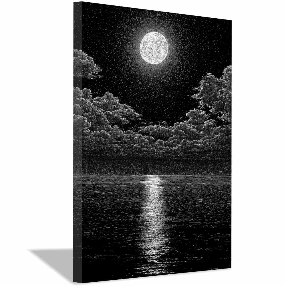 XENIOU Black White Canvas Print Dotwork Night Lake Moon Canvas Wall Art, artwork for Bedroom Living Room Bathroom Office Home Decoration(Multicolor)-70x100cm Framed