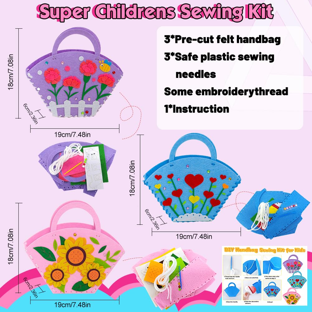 Cosysparks Felt Craft Kit for Kids 3 Pack Handbag Sewing Kits for Beginners Fun DIY Educational Gift with Sewing Tools for Girls (Style4) - Image 2