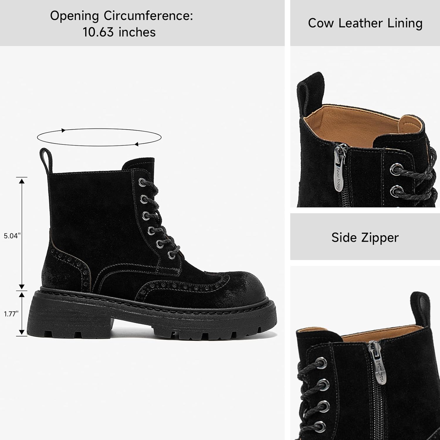 BEAU TODAY Womens Combat Boots, Platform Suede Leather Boots for Women, Lace Up Chunky Lug Sole Ankle Booties, Fashion Side Zipper Short booties - Image 5