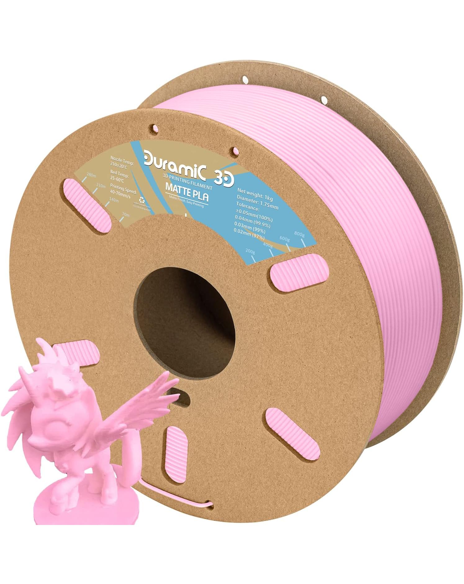 DURAMIC 3D Filamento PLA opaco da 1,75 mm, rosa, bobina di cartone da 1 kg, finitura opaca, filamento per stampante 3D PLA 1,75 mm, precisione dimensionale 99% +/- 0,03 mm, stampa con stampante 3D