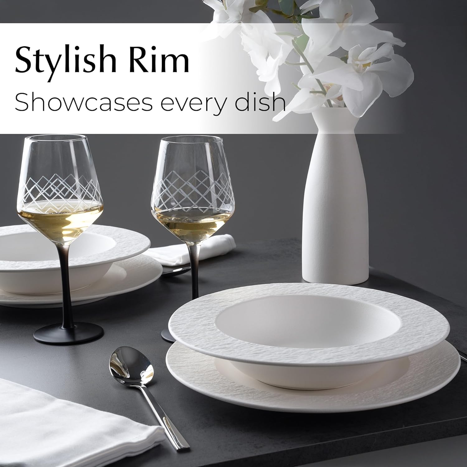 MIAMIO – 26 cm, set of 4 pasta plates, large deep soup plates, modern ceramic tableware in black/white, microwave and dishwasher safe – Oasis Collection (White)