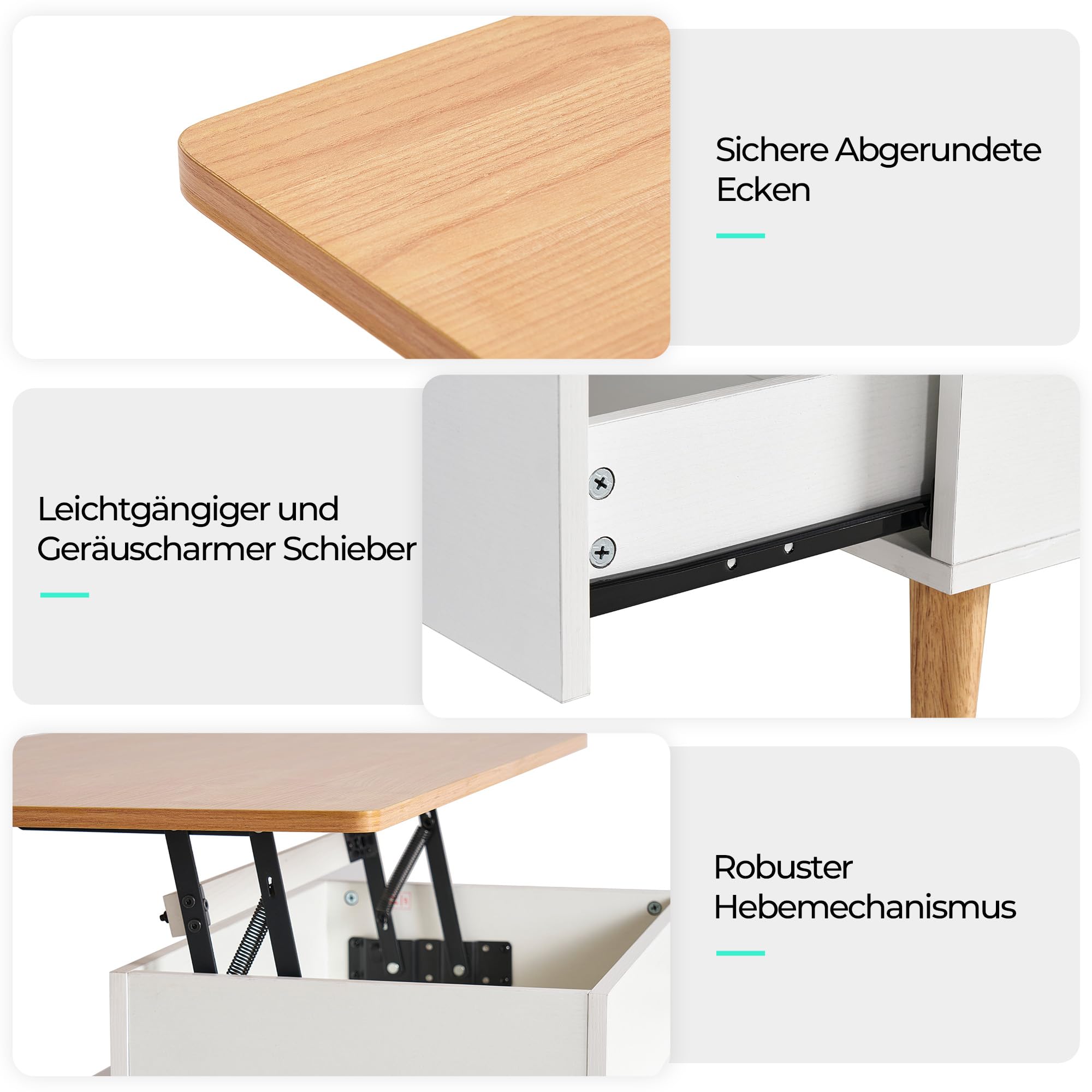 LINSY HOME Couchtisch Höhenverstellbar mit Stauraum, Höhenverstellbarer Coffee Table, Wohnzimmertisch mit 2 Großem Schubladen, 60 x 100cm Sofatisch
