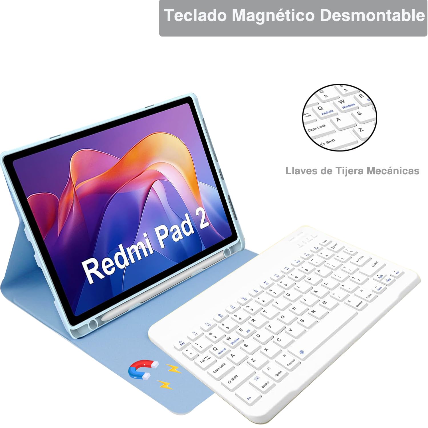 XUWUKU Funda Teclado para Xiaomi Redmi Pad 2/ Redmi Pad SE 11 Pulgadas, QWERTY Español Ñ, Funda con Teclado Bluetooth Magnético Desmontable para Xiaomi Redmi Pad 2 11 Pulgadas 2025, Azul