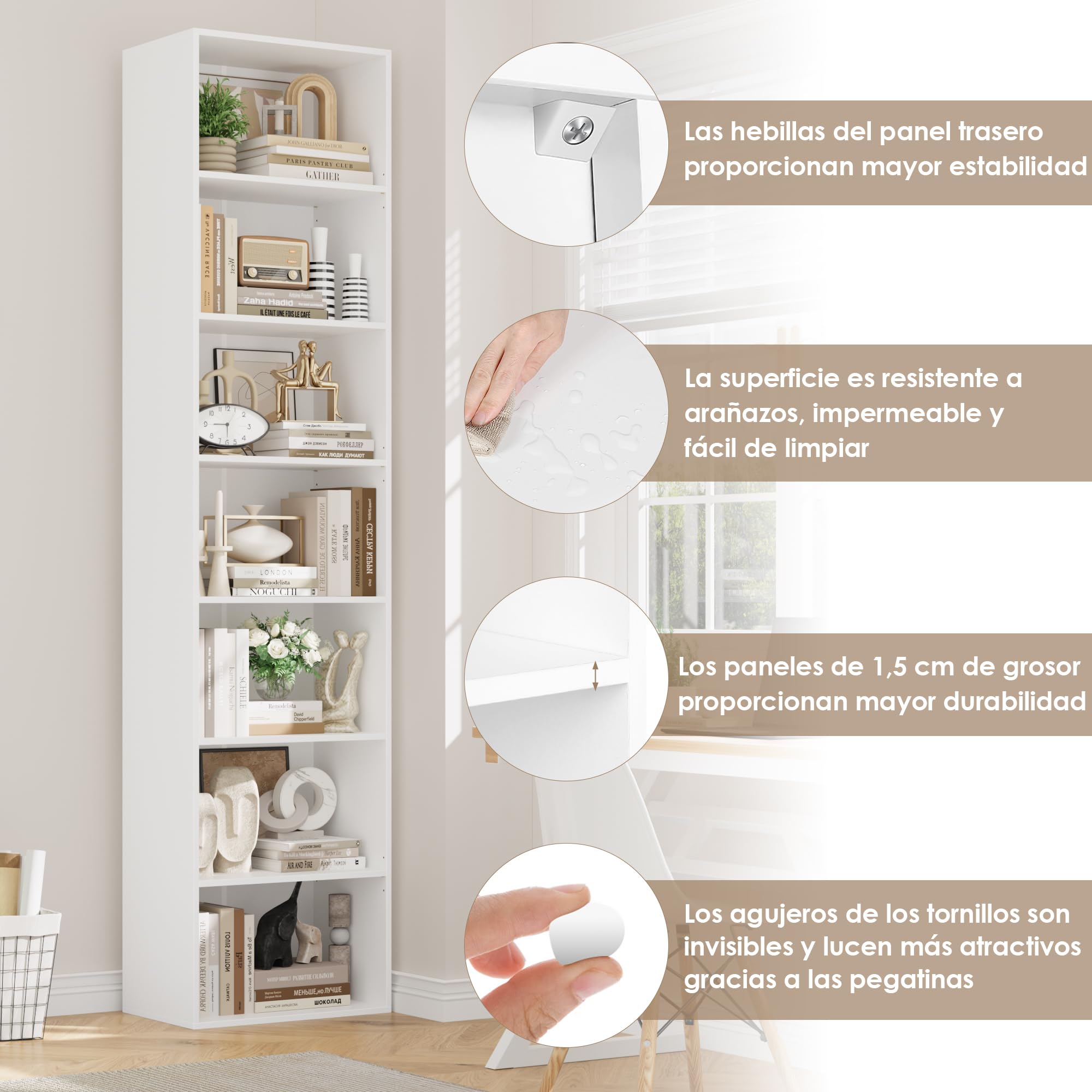 FirFurd Estantería Libros Sinfonier Alto Librería Madera, 7 Compartimentos | Librería Estantería, Biblioteca, Estanterias Almacenaje, Estrecha y Alta, para Salón Oficina Dormitorio Blanco 48x30x220Al.cm
