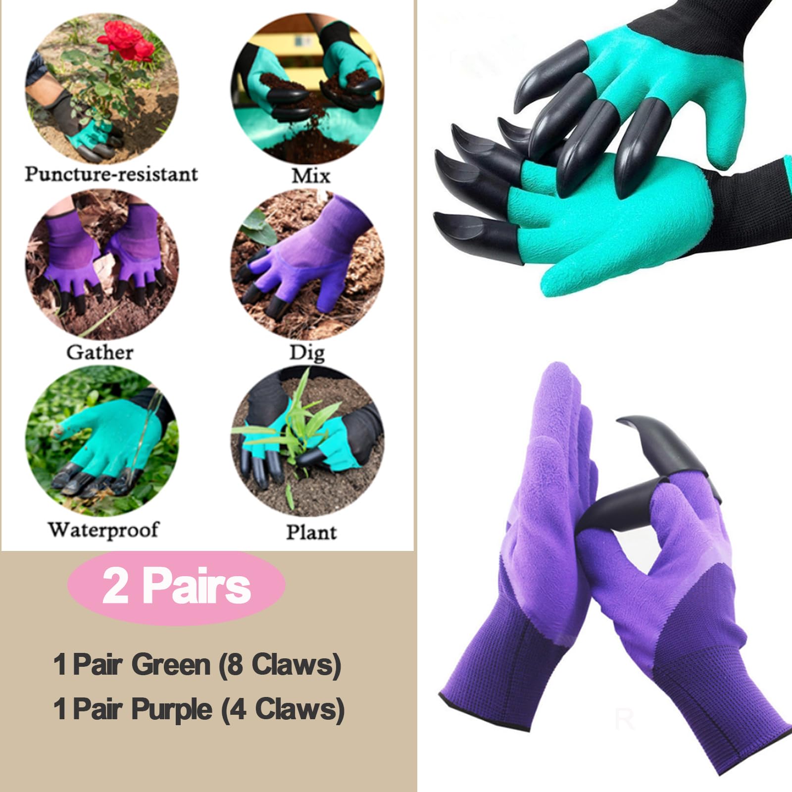 AsggBah 2Pairs Claws Gardening Gloves Garden Gloves with Claws for Planting Digging Paking Waterproof Garden Glove Claws Best Gift for Women (Green+Purple)