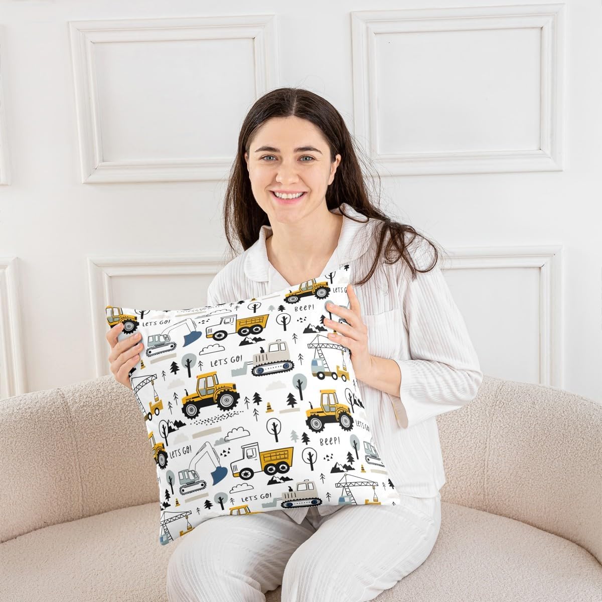 Cartoon Car Pillow Cover,Cute Rainbow Cloud Print Pillowcase Soft Square 18"x18" Cushion Case,Tractor Truck Excavator Throw Pillow Cover Single Pack for Room Decor Double Sides Print image 3