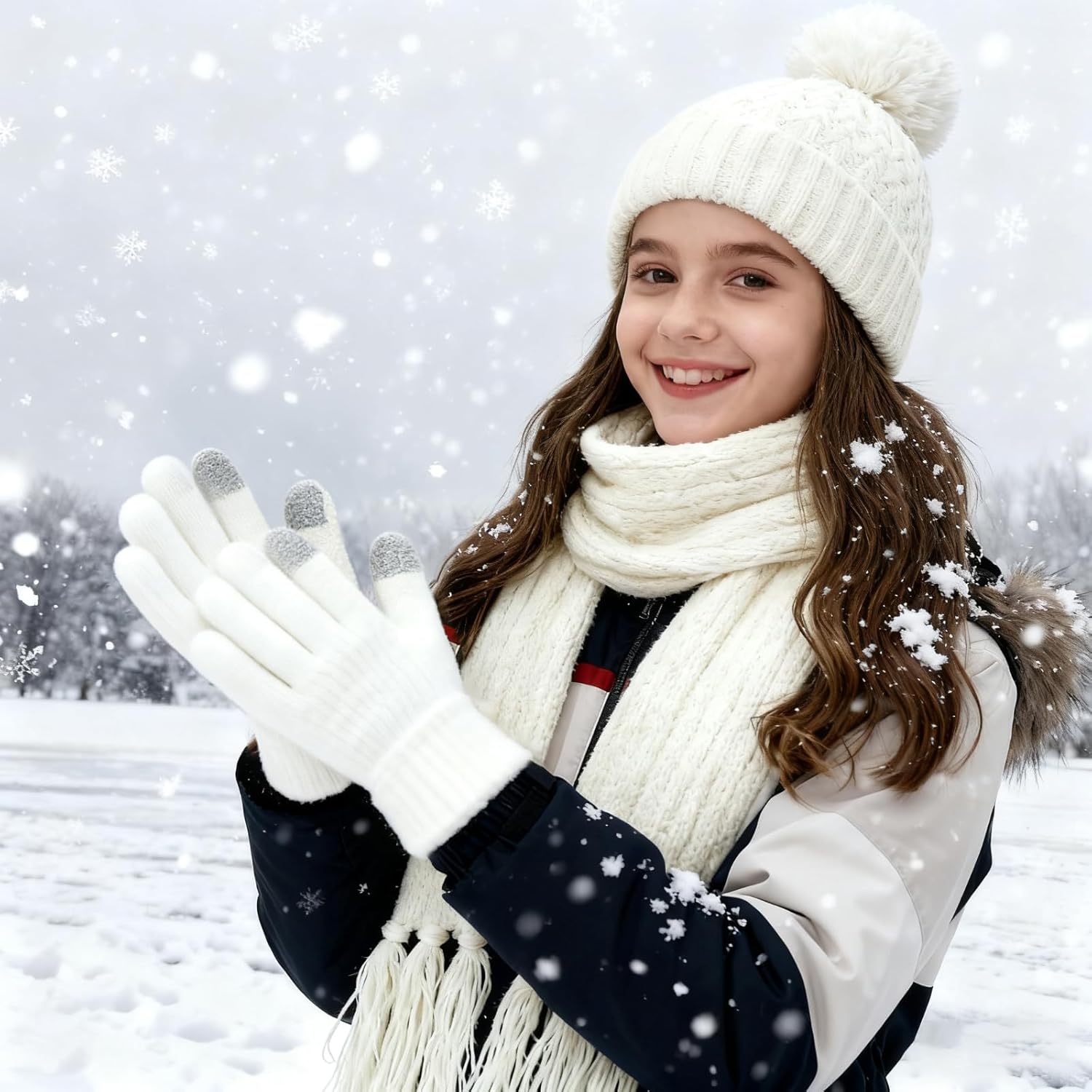 Heliltd 3pcs Kids Winter Hat Scarf Gloves Set Fleece Lined Knit Beanies with Pom Pom Warm Mittens for Boys Girls 3-12 Years - Image 5