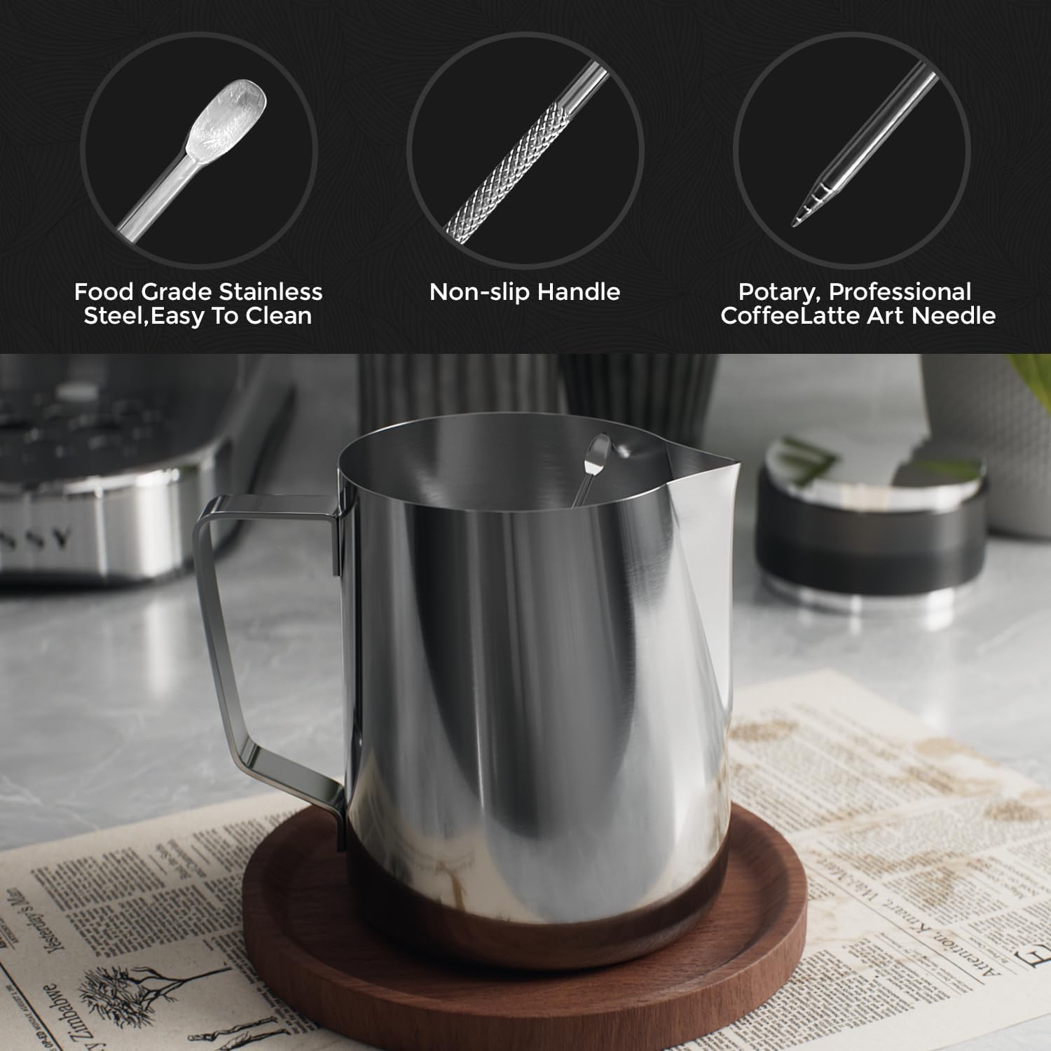 Milk Frothing Pitcher, 30 Oz/900 ML Milk Frother Steamer Cup Stainless Steel Espresso Cup with Decorating Pen