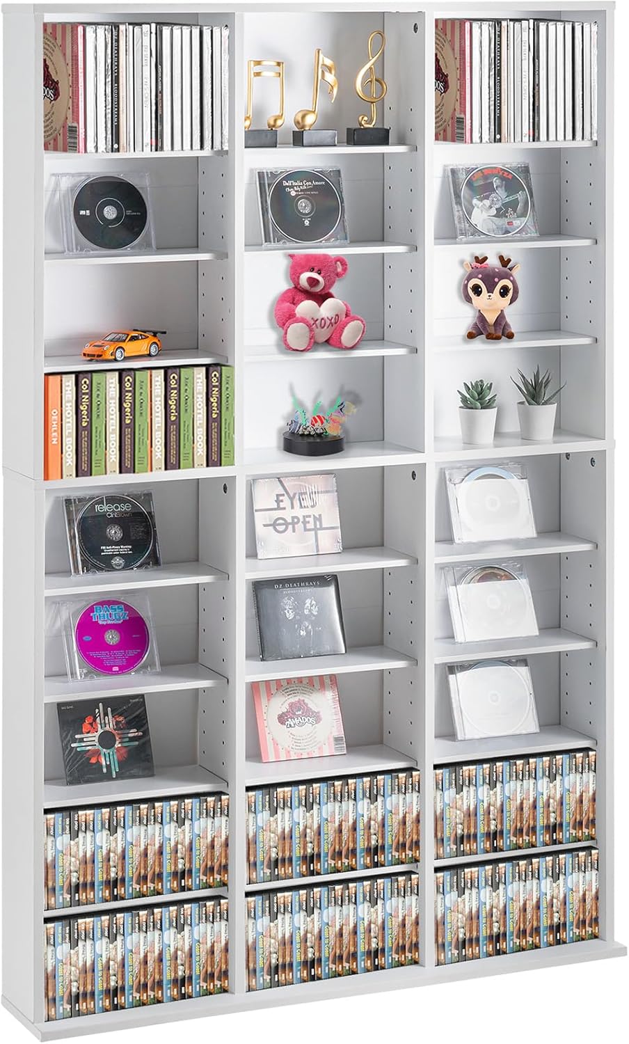 VEVOR Media Storage Cabinet, 9-layer DVD Shelf, Adjustable CD Shelves 27 Compartments, Protects & Organizes Music, Movie, Video Games or Memorabilia Collections,White