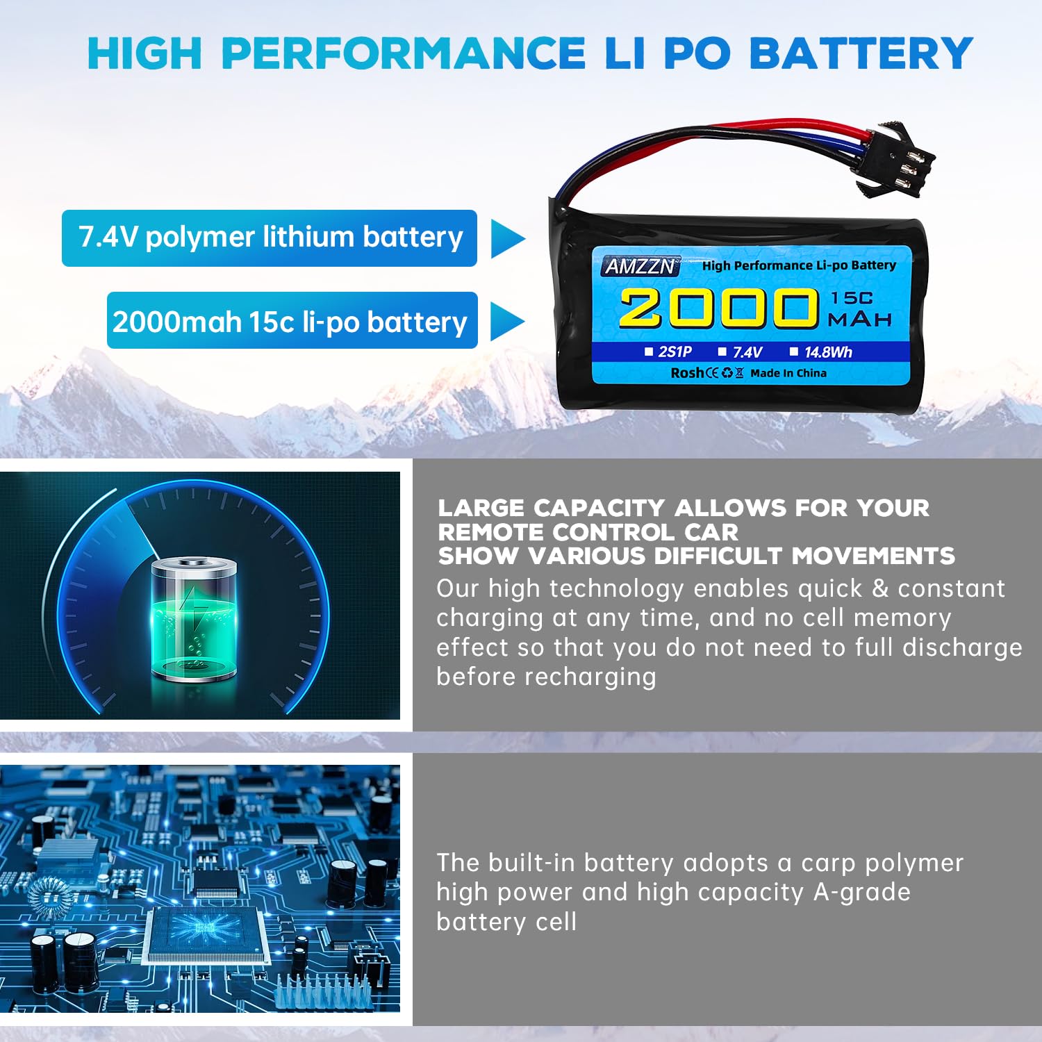 AMZZN 2PCS 7.4V 2000mAh 15C 2S SM-3P spina Lipo batteria con caricabatterie USB per DE43 DE60 9500E 9309E RC auto,modelli auto,camion,Huina 1575 RC auto ingegneristiche,RC batterie per auto giocattolo