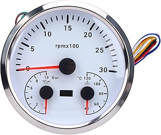 3 en 1 Tacómetro de Aceite Presión de Agua Temperador de Temperatura 0-3000rpm 0-10Bar 40-120 ℃ con 7 Colores Retroiluminado para Camiones Tractores Automóviles RVS (esfera blanca bisel plateado)