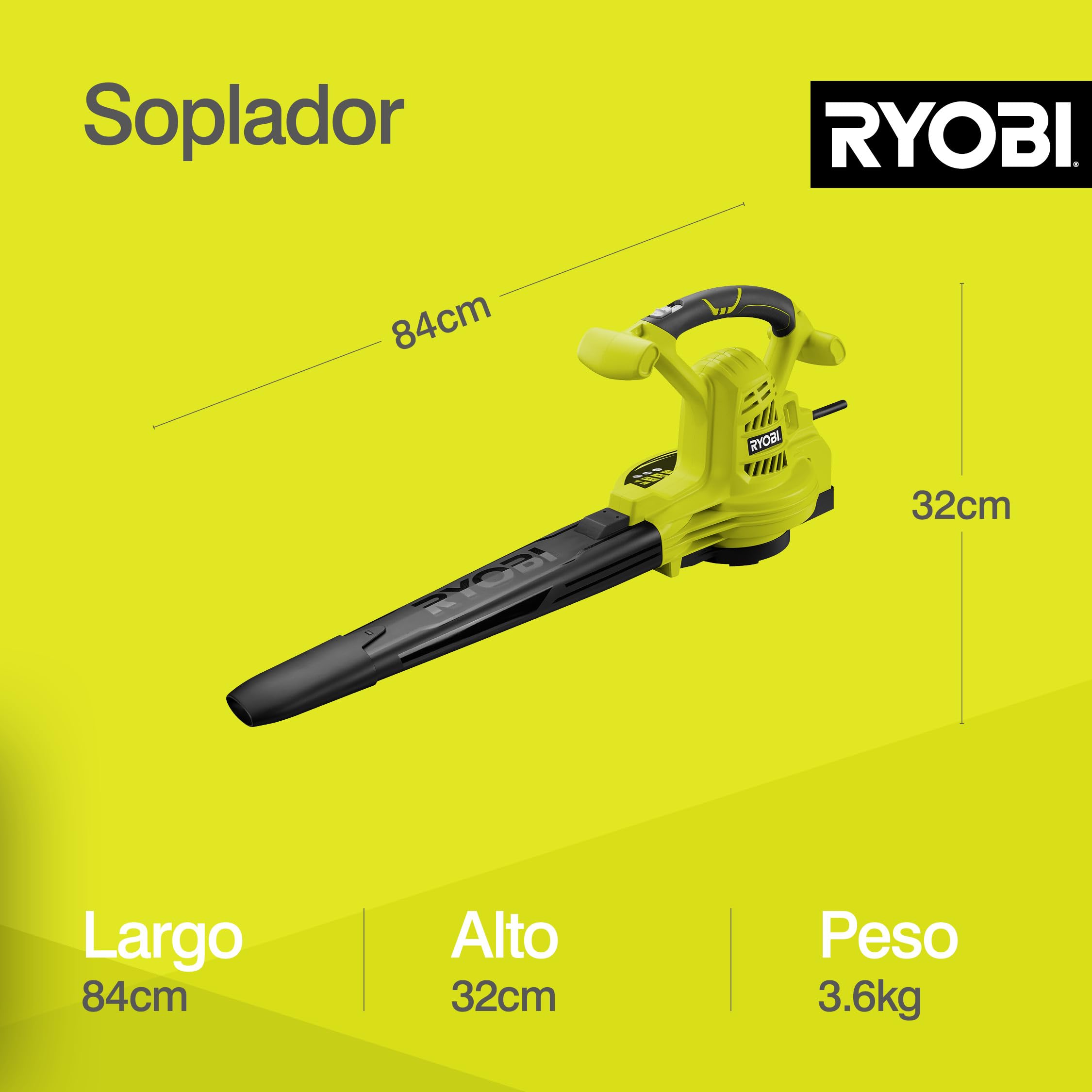 RYOBI - Soplador Aspirador Triturador 2800W 2 en 1 - Velocidad de Soplado 375 km/h - Descarga por Tracción - Trabajo Cómodo - Entregado con Arnés Vertebrae y Boquilla Plana - RBV2800CSV
