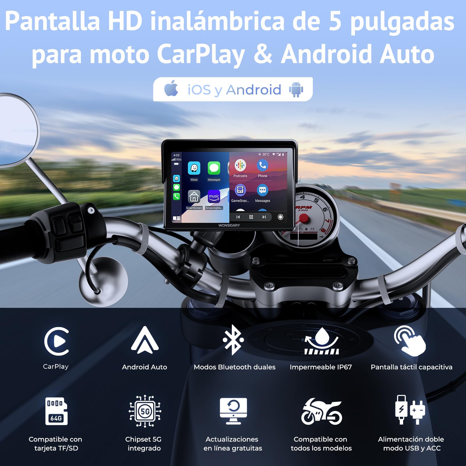 Pantalla CarPlay Moto Inalámbrica Compatible con Apple CarPlay & Android Auto,W522 Pantalla Táctil 5" IP67 Impermeable,Doble Bluetooth, Navegación GPS,Control por Voz,Ecualizador,Alimentación USB/Acc