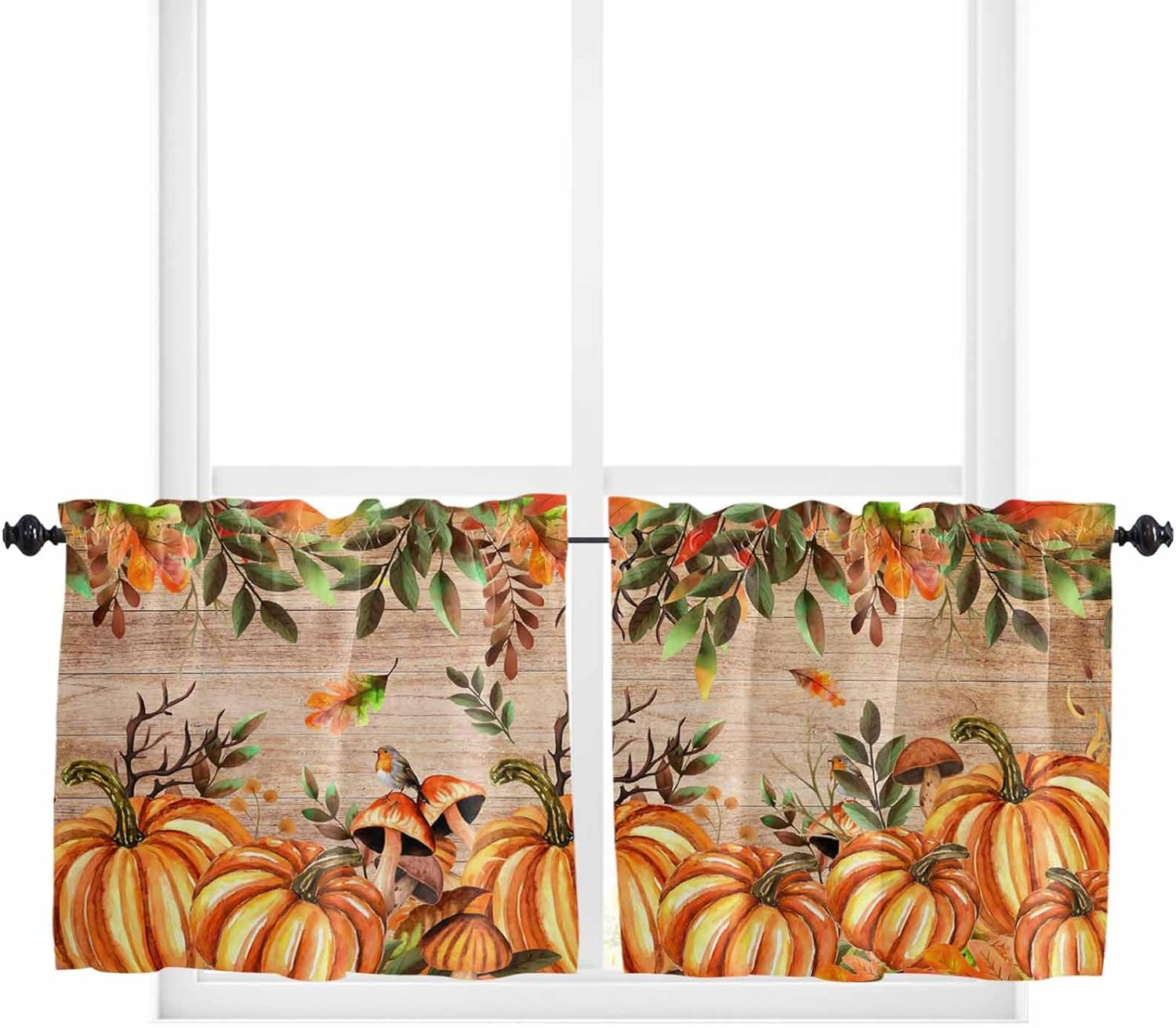 Orange Yellow Pumpkin Kitchen Curtains, Thanksgiving Botanical Wooden Leaves Fall Light Filter Window Curtain, 2Pcs Rod Pocket Window Treatments Set for Living Room Bathroom Bedroom 42x63 Inches