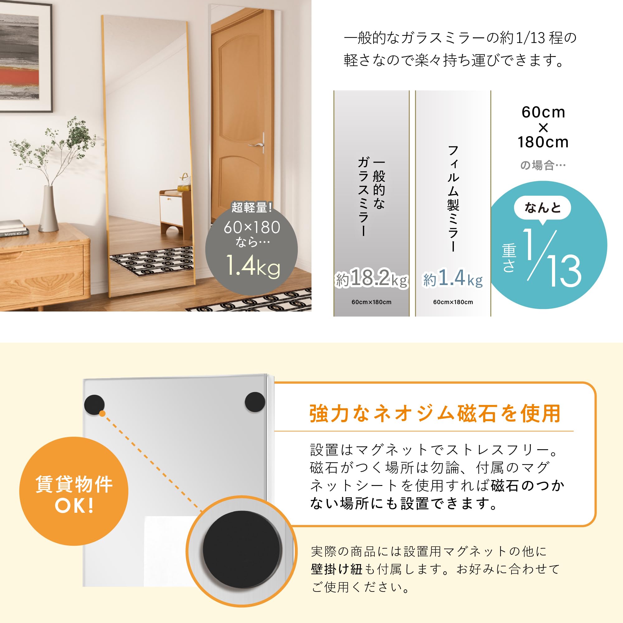 割れない鏡 スタンドミラー 全身 姿見 壁掛け 大型 軽量 ウォール 2814
