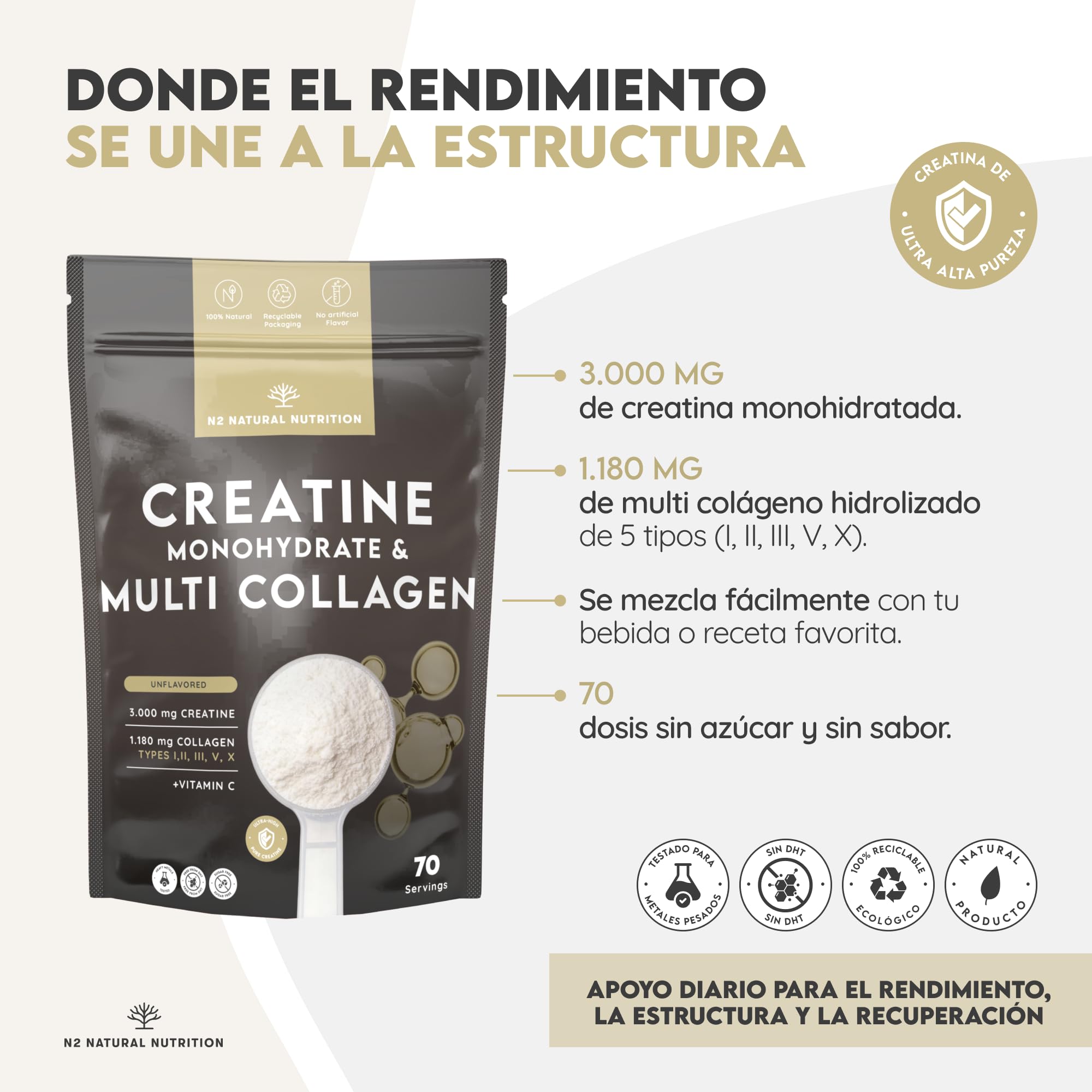 N2 Natural Nutrition. Creatina Monohidratada + Multi Colágeno Hidrolizado con Vitamina C en polvo (70 Dosis) 3000mg Creatina + Colágeno I,II,III,V y X–Sin Sabor–Soporte Muscular, Articulaciones, Piel