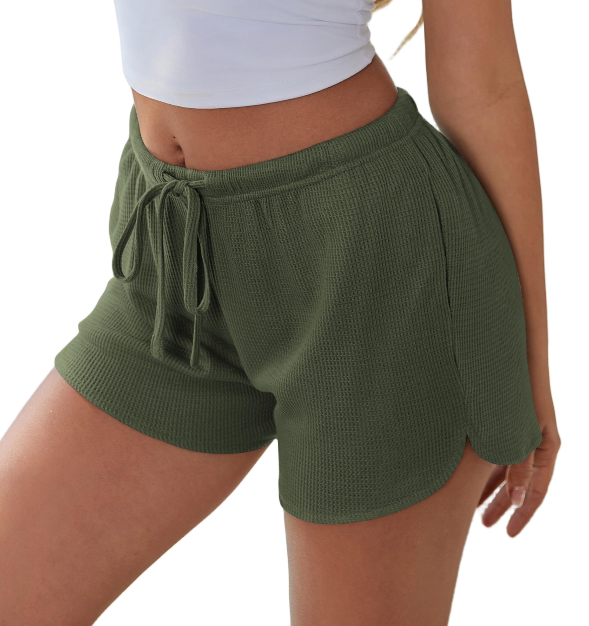 Ekouaer Womens Waffle Knit Pajama Shorts Soft Drawstring Lounge Bottom Casual Workout Shorts with Pockets Green XL